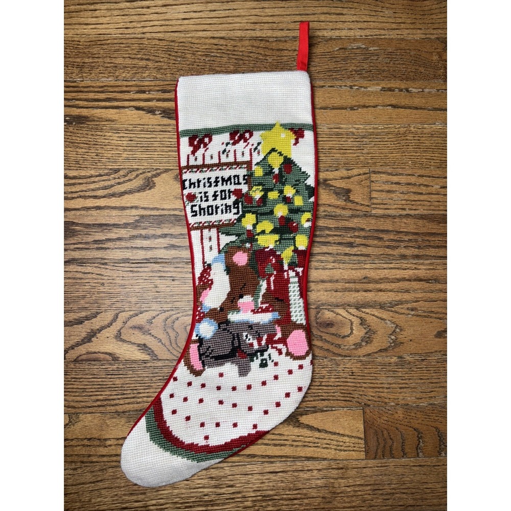 Vintage Needlepoint Christmas Stocking Sleeping Bear Red Velvet Left Hanging